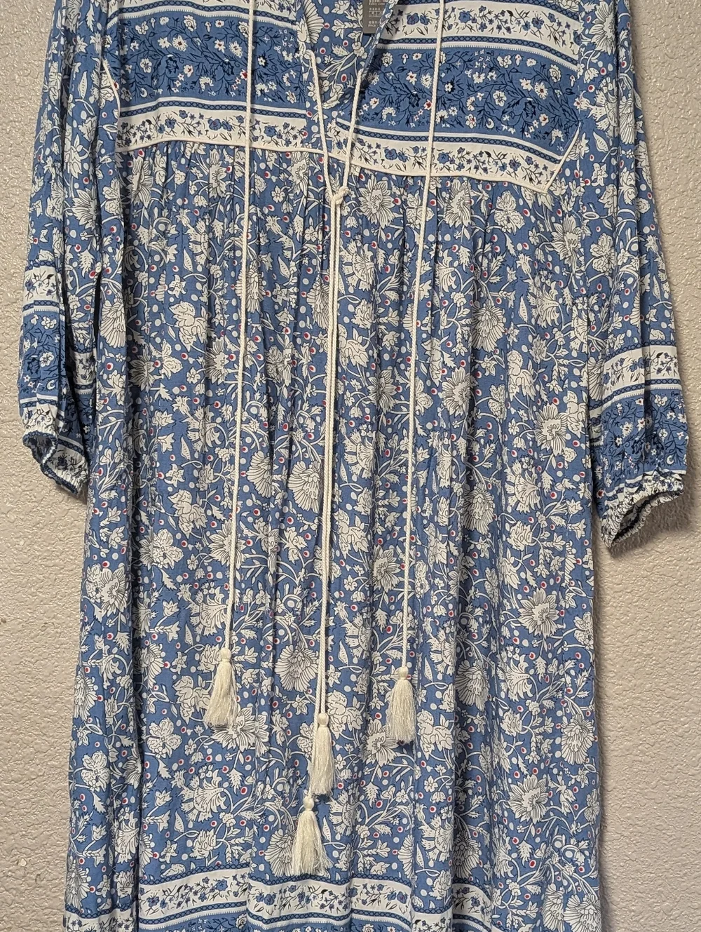 Blue Floral Midi Dress with Tassel Tie - Picture 3 of 15